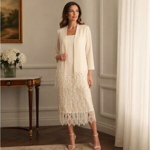 Vintage Jackie Bernard‎ Ivory Embroidered Lace Dress/Jacket Sz14 Elegant Formal